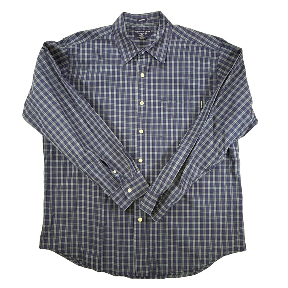American Eagle Outfitters Mens XL Navy Blue Green Plaid Classic Fit Cotton Shirt